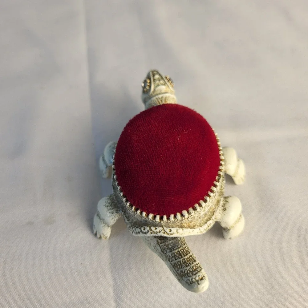 Florenza Articulated Turtle Red Velvet Pin Cushion Vintage White Enamel Metal